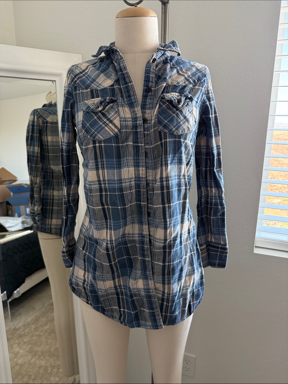 Blue and White Plaid Hooded Tunic Shirt